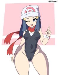 Rule 34 | 1girl, absurdres, adapted costume, alfwenx, artist name, ass, bare legs, bare shoulders, black leotard, blue eyes, blue hair, breasts, cameltoe, collarbone, covered navel, creatures (company), curvy, dawn (pokemon), game freak, hair ornament, hat, highleg, highleg leotard, highres, huge ass, leotard, long hair, looking at viewer, medium breasts, narrow waist, nintendo, one eye closed, pokemon, pokemon dppt, scarf, shiny skin, simple background, sleeveless, smile, solo, thick thighs, thighs, thong leotard, twitter username, watch, wide hips, wink, wristwatch