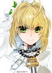 Rule 34 | 10s, 1girl, ahoge, belt, blonde hair, bodysuit, breasts, chain, fate/extra, fate/extra ccc, fate (series), flower, green eyes, hair intakes, hita (hitapita), lock, looking at viewer, nero claudius (bride) (fate), nero claudius (fate), nero claudius (fate), padlock, portrait, smile, solo, twitter username, veil, white background, zipper