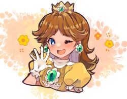 Rule 34 | 1girl, blue eyes, blush, breasts, bright pupils, brown hair, chest jewel, crown, dress, earrings, floral background, flower-shaped pupils, flower earrings, gloves, jewelry, long hair, looking at viewer, mario (series), medium breasts, nachoz (nachozart), nintendo, one eye closed, open mouth, parted bangs, portrait, princess daisy, puffy short sleeves, puffy sleeves, short sleeves, smile, solo, super mario land, symbol-shaped pupils, teeth, upper body, upper teeth only, waving, white gloves, white pupils, yellow dress