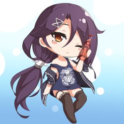 Rule 34 | 1girl, ame., asymmetrical hair, azur lane, black jacket, black thighhighs, blue background, blue shirt, blush stickers, bottle, brown eyes, cassin (azur lane), cassin (retrofit) (azur lane), chibi, commentary request, full body, garter straps, hair between eyes, hair ornament, head tilt, holding, holding bottle, jacket, long hair, long sleeves, lowres, mole, mole under eye, no shoes, off shoulder, open clothes, open jacket, purple hair, shirt, sleeveless, sleeveless shirt, solo, thighhighs, very long hair