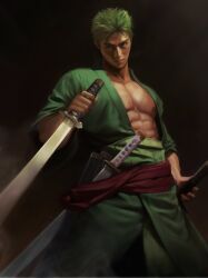 Rule 34 | 1boy, abs, asian, bara, bare pectorals, dual wielding, earrings, feet out of frame, gonzojelly, green hair, green kimono, head tilt, highres, holding, holding sword, holding weapon, japanese clothes, jewelry, kimono, large pectorals, looking at viewer, male focus, muscular, muscular male, nipples, one piece, one piece (live action), pectorals, realistic, roronoa zoro, scar, scar across eye, sheath, sheathed, short hair, standing, stomach, sword, thick eyebrows, weapon