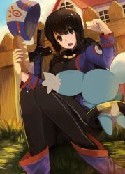 Rule 34 | 00s, 1girl, black eyes, black hair, bodysuit, bread, breasts, cape, chloe valens, food, hat, jacket, jewelry, mieu (tales), open mouth, ring, shoes, short hair, sword, tales of (series), tales of legendia, tales of the abyss, weapon