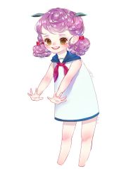 Rule 34 | 1girl, animal ears, artist name, blush, curly hair, dated, animal crossing, dress, highres, low twintails, nintendo, personification, purple hair, renee (animal crossing), rhinoceros ears, sailor dress, solo, teeth, twintails, yellow eyes