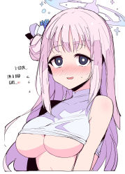 Rule 34 | 1girl, blue archive, blue eyes, blush, breasts, clothes lift, hair ornament, halo, hard-translated, highres, large breasts, looking at viewer, mika (blue archive), navel, open mouth, pink hair, shirt, shirt lift, single bare shoulder, solo, sweatdrop, thick eyelashes, third-party edit, underboob, unfinished, white background, white shirt