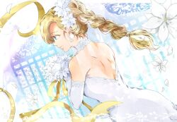 Rule 34 | 1girl, back, backless dress, backless outfit, bare shoulders, bianca (dq5), blonde hair, blue eyes, bouquet, braid, braided ponytail, bridal gauntlets, bride, closed mouth, commentary request, cowboy shot, dragon quest, dragon quest v, dress, earrings, elbow gloves, falling petals, flower, from behind, gloves, hair flower, hair ornament, high ponytail, highres, holding, holding bouquet, holding flower, isa (chiyo-s), jewelry, long hair, petals, profile, ribbon, smile, solo, wedding dress, white dress, white flower, white gloves, yellow ribbon
