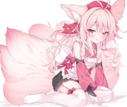 Rule 34 | 1girl, animal ears, antenna hair, back bow, blush, bow, commission, detached sleeves, eip (pepai), fox ears, fox girl, long hair, multiple tails, no shoes, original, pink eyes, pink hair, pink headwear, pink sleeves, skeb commission, solo, tail, thighhighs, white thighhighs