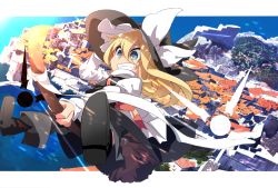 Rule 34 | 1girl, amakoke, bad id, bad pixiv id, black dress, blonde hair, blue eyes, bow, broom, broom riding, dress, grin, hat, hat bow, highres, kirisame marisa, long hair, smile, solo, touhou, town, witch hat