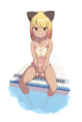 Rule 34 | 1girl, :d, absurdres, animal ears, bare arms, bare legs, bare shoulders, barefoot, between legs, bikini, blonde hair, blush, breasts, brown eyes, cleavage, cloba, collarbone, dark-skinned female, dark skin, dated, floral print, grin, hand between legs, highres, looking at viewer, multicolored hair, navel, one-piece tan, open mouth, original, pink hair, pool, side-tie bikini bottom, signature, simple background, sitting, small breasts, smile, soaking feet, solo, stomach, swimsuit, tan, tanline, teeth, tile floor, tiles, two-tone hair, water, white background