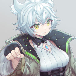 Rule 34 | 1girl, animal ear fluff, animal ears, fingerless gloves, gloves, grey background, grey hair, highres, jacket, looking at viewer, na&#039;el (xenoblade), open clothes, open jacket, simple background, solo, upper body, xenoblade chronicles (series), xenoblade chronicles 3, xenoblade chronicles 3: future redeemed, yazwo, yellow eyes