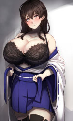 Rule 34 | 1girl, bare shoulders, black bra, black thighhighs, blue hakama, blue skirt, blush, bra, breasts, brown eyes, brown hair, cleavage, commentary request, curvy, hair between eyes, hair down, hakama, hakama short skirt, hakama skirt, highres, huge breasts, japanese clothes, kaga (kancolle), kantai collection, unworn kimono, konoshige (ryuun), lace, lace bra, long hair, looking at viewer, looking to the side, skirt, solo, thighhighs, thighs, underwear