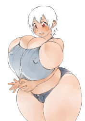Rule 34 | 1girl, ass, blush, breast expansion, breasts, bursting breasts, deep skin, covered erect nipples, gigantic breasts, highres, huge ass, plump, red eyes, shirt tug, surprised, tan, tanline, tixil, white background, white hair, wide hips