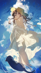 Rule 34 | 1girl, absurdres, bare shoulders, black cat, blue sky, blush, brown eyes, brown hair, cat, closed mouth, clothes lift, cloud, cloudy sky, commentary, dress, feet out of frame, hat, highres, long hair, looking at viewer, looking down, omutatsu, original, outdoors, reflection, ribbon, ripples, skirt, skirt lift, sky, sleeveless, smile, solo, straw hat, water, water drop, white dress, white ribbon