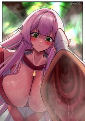 Rule 34 | 1girl, absurdres, blush, boots, unworn boots, breasts, elf, green eyes, highres, large breasts, long hair, looking at viewer, namukot, pink hair, pointy ears, pov, shoes, unworn shoes, single shoe, steam, sweat