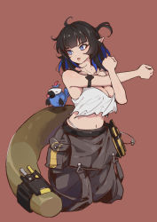 Rule 34 | 1girl, absurdres, arknights, arm strap, bare arms, bare shoulders, bird, black hair, blue eyes, blue hair, blunt bangs, breasts, brown background, camisole, cleavage, crop top, crop top overhang, cropped legs, eunectes (arknights), eunectes (forgemaster) (arknights), grey pants, head tilt, high priest (arknights), highres, large breasts, medium hair, midriff, multicolored hair, navel, official alternate costume, pants, parted lips, pointy ears, simple background, snake tail, solo, standing, stomach, stretching, tail, yibingxigua (894 yuko)