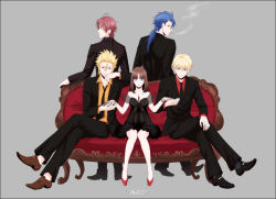 Rule 34 | 1girl, 4boys, arthur pendragon (fate), bad id, bad pixiv id, blue hair, cigarette, couch, cu chulainn (fate), cu chulainn (fate) (all), cu chulainn (fate/prototype), fate/prototype, fate (series), formal, gilgamesh (fate/prototype), green eyes, long hair, multiple boys, necktie, perseus (fate), ponytail, red eyes, red hair, red upholstery, sajou ayaka (fate/prototype), suit, tomose0224
