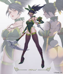 Rule 34 | 1girl, adapted costume, akali, alternate costume, animal ears, ankle lace-up, artist name, bare shoulders, black hair, black thighhighs, character name, citemer, commentary, cross-laced footwear, dagger, detached sleeves, english commentary, fake animal ears, fake tail, hairband, high heels, highleg, highleg leotard, highres, holding, holding weapon, kama (weapon), knife, league of legends, leotard, long hair, looking at viewer, mouth veil, playboy bunny, rabbit ears, rabbit tail, sickle, skindentation, standing, tail, thighhighs, veil, weapon