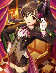 Rule 34 | 10s, 1girl, alternate costume, alternate hairstyle, arched back, bad id, bad pixiv id, black eyes, black hair, black legwear, candle, chiyunko (rna-14-fei), couch, eyebrows, gloves, hand on own hip, hat, holding, holding clothes, holding hat, idolmaster, idolmaster cinderella girls, kobayakawa sae, leaning back, long sleeves, looking at viewer, open mouth, purple ribbon, ribbon, solo, standing, third-party edit, white gloves