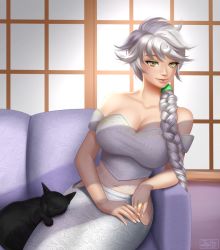 Rule 34 | 1girl, black cat, braid, cat, couch, artistic error, indoors, jay156, jewelry, kantai collection, long hair, ring, sitting, solo, unmoving pattern, unryuu (kancolle), very long hair, window