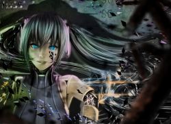 Rule 34 | 1girl, android, aqua hair, blue eyes, blurry, crying, depth of field, disintegration, hair ornament, hatsune miku, smile (pixiv9790122), smile (qd4nsvik), solo, streaming tears, tears, turtleneck, twintails, upper body, vocaloid