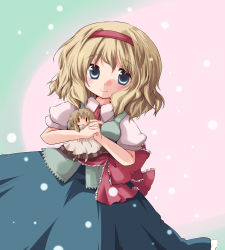 Rule 34 | 1girl, alice margatroid, blonde hair, blue eyes, character doll, doll, hugging doll, female focus, futami yayoi, hairband, kirisame marisa, looking at viewer, hugging object, own hands clasped, own hands together, smile, solo, touhou