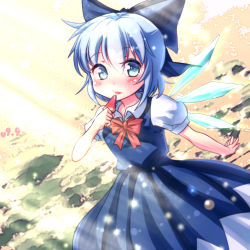 Rule 34 | 1girl, blue dress, blue eyes, blue hair, bow, cirno, dress, food, gradient background, hair bow, ice, ice wings, matching hair/eyes, popsicle, puffy short sleeves, puffy sleeves, shirt, short sleeves, solo, touhou, volcano (liao), watermelon bar, wings