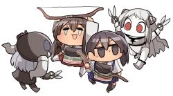 Rule 34 | 10s, 4girls, abyssal ship, airfield princess, akagi (kancolle), bad id, bad twitter id, bow (weapon), chibi, commentary request, horns, kaga (kancolle), kakuzatou (koruneriusu), kantai collection, multiple girls, muneate, scissors, simple background, sweat, tears, weapon, wo-class aircraft carrier