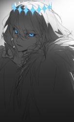 Rule 34 | 1boy, blue eyes, cloak, closed mouth, crown, eyes visible through hair, fate/grand order, fate (series), glowing, glowing eyes, greyscale, hair between eyes, highres, long hair, looking at viewer, male focus, medium hair, monochrome, oberon (fate), oberon (third ascension) (fate), solo, spoilers, spot color, twilightsea0214