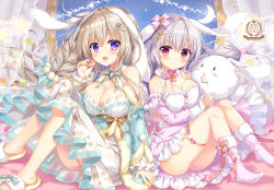 Rule 34 | 2girls, :d, ameto yuki, animal ears, artist name, bare shoulders, blue sleeves, blush, braid, breasts, brown hair, cleavage, closed mouth, commentary request, crescent moon, detached sleeves, dress, food, fur-trimmed legwear, fur trim, hair between eyes, hand up, highres, holding, holding food, knees up, large breasts, long hair, long sleeves, macaron, moon, multiple girls, open mouth, original, pink dress, pink legwear, pink sleeves, purple eyes, rabbit ears, red eyes, silver hair, sitting, slippers, smile, socks, star (symbol), very long hair, white dress, yellow footwear
