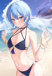 Rule 34 | 1girl, absurdres, beach, bead bracelet, beads, bikini, black bikini, black choker, blue eyes, blue hair, blue nails, blue sky, bracelet, breasts, choker, cloud, day, gold bracelet, grin, hands up, highres, holding shawl, hololive, hoshimachi suisei, jewelry, navel, official alternate hair length, official alternate hairstyle, outdoors, shawl, shinigami kiraki, short hair, sky, small breasts, smile, solo, star (symbol), star in eye, stomach, swimsuit, symbol in eye, thighs, virtual youtuber