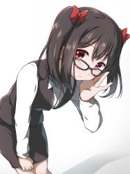 Rule 34 | 10s, 1girl, adjusting eyewear, bespectacled, black-framed eyewear, black hair, bow, commentary request, formal, glasses, hair bow, hand on own thigh, highres, hitotsuki no yagi, leaning forward, long sleeves, looking at viewer, looking over eyewear, love live!, love live! school idol festival, love live! school idol project, office lady, pencil skirt, red bow, red eyes, simple background, skirt, skirt suit, solo, standing, suit, teacher, twintails, vest, white background, yazawa nico