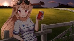 Rule 34 | 1girl, ahoge, alcohol, alternate costume, ame., azur lane, backlighting, beer, beer can, blonde hair, blush, brand name imitation, breasts, budweiser, can, casual, collarbone, columbia (azur lane), drink can, elbow rest, evening, fence, hair between eyes, holding, holding can, leaning, long hair, looking at viewer, medium breasts, open mouth, outdoors, sidelocks, smile, solo, sun, sunset