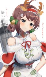 Rule 34 | 1girl, absurdres, apron, blush, braid, braided hair rings, breasts, brown hair, capelet, chougei (kancolle), christmas, corset, dress, fake antlers, grey eyes, hair ornament, hair rings, hairband, hairclip, hat, highres, kantai collection, large breasts, long hair, machinery, official alternate costume, qqqmei, radar, red dress, santa dress, santa hat, simple background, sleeveless, sleeveless dress, smokestack, solo, tsundere, twin braids, white background
