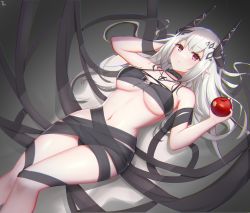 Rule 34 | 1girl, absurdres, apple, arknights, bikini, bitten apple, black bikini, black ribbon, breasts, closed mouth, demon horns, doraski, feet out of frame, food, food bite, front-tie bikini top, front-tie top, fruit, highres, holding, holding food, holding fruit, horns, infection monitor (arknights), jewelry, large breasts, long hair, looking at viewer, lying, mudrock (arknights), mudrock (silent night) (arknights), navel, necklace, on back, pendant, pointy ears, red eyes, ribbon, see-through, solo, stomach, swimsuit, thighs, underboob, white hair