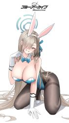 Rule 34 | 1girl, absurdly long hair, animal ears, arm support, asuna (blue archive), asuna (bunny) (blue archive), bare shoulders, blue archive, blue bow, blue bowtie, blue eyes, blue leotard, blue ribbon, bow, bowtie, breasts, brown pantyhose, cleavage, collar, commentary, commission, copyright name, detached collar, fake animal ears, gloves, grin, hair over one eye, hair ribbon, halo, hand up, high heels, highres, kneeling, large breasts, leotard, light brown hair, long hair, mixed-language commentary, mole, mole on breast, one eye covered, pantyhose, playboy bunny, rabbit ears, ribbon, shizuko hideyoshi, simple background, smile, solo, strapless, strapless leotard, thighband pantyhose, thighs, very long hair, white background, white collar, white footwear, white gloves