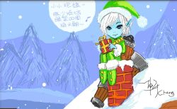 Rule 34 | 1girl, alternate costume, blush, boots, cannon, cannonball, cheng, chimney, chinese text, earnest elf tristana, gift, hat, league of legends, pointy ears, santa hat, signature, snow, solo, translation request, tree, tristana