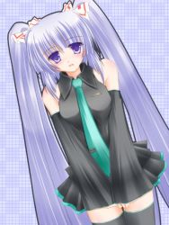 Rule 34 | 1girl, alternate hairstyle, black thighhighs, breasts, cosplay, covering crotch, covering privates, female focus, fujiwara no mokou, hatsune miku, hatsune miku (cosplay), long hair, purple background, shirotsuki kouta, solo, standing, thighhighs, touhou, twintails, very long hair, vocaloid