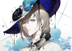 Rule 34 | 1boy, aqua eyes, black bow, blending, blue flower, blue gemstone, blue rose, bow, brown hair, cape, collared cape, commentary, downer witch (vocaloid), dress shirt, earrings, floral background, flower, gem, hair bow, hair over shoulder, hat, hat bow, hat flower, highres, jewelry, kanae (nijisanji), leng7 e, liquid clothes, long hair, looking at viewer, low ponytail, male focus, mole, mole under eye, nijisanji, parted lips, petals, portrait, rose, shirt, solo, stud earrings, swept bangs, virtual youtuber, vocaloid, white bow, white cape, white hat, white shirt, witch hat