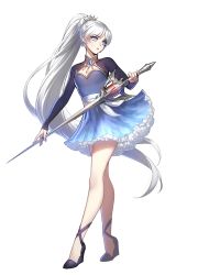 Rule 34 | 1girl, absurdres, blue eyes, breasts, cleavage cutout, clothing cutout, dress, earrings, ein lee, flower, full body, hair ornament, high heels, highres, holding, holding sword, holding weapon, jewelry, left-handed, legs, lily (flower), long hair, long sleeves, myrtenaster, official art, parted lips, ponytail, rapier, rwby, small breasts, solo, standing, sword, transparent background, very long hair, weapon, wedge heels, weiss schnee, white hair