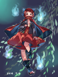 Rule 34 | 1girl, blouse, boots, bow, cape, covered mouth, dated, full body, hair bow, covered mouth, high collar, highres, hitodama, leaf, long sleeves, looking at viewer, namauni, open clothes, open shirt, red eyes, red hair, sekibanki, shirt, short hair, skirt, solo, toeless footwear, touhou, tunic