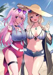Rule 34 | 2girls, ambriel (arknights), ambriel (holiday) (arknights), animal ear fluff, animal ears, arknights, bikini, blackheart, braid, breasts, casual one-piece swimsuit, cleavage, denim shirt, energy wings, eyewear on head, food, food in mouth, hair ornament, halo, hat, heart, heart-shaped eyewear, highres, infection monitor (arknights), jewelry, large breasts, long hair, looking at viewer, multicolor-tinted eyewear, multiple girls, navel, necklace, official alternate costume, one-piece swimsuit, pink-framed eyewear, pink hair, pocky, pocky in mouth, purple eyes, red one-piece swimsuit, shirt, shorts, sleeveless, sleeveless shirt, striped bikini, striped clothes, sun hat, sunglasses, swimsuit, tail, tied shirt, utage (arknights), utage (summer flowers) (arknights), v, vertical-striped bikini, vertical-striped clothes, very long hair, white shirt