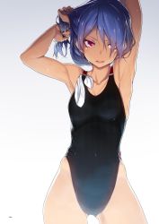 Rule 34 | 1girl, armpits, arms up, black one-piece swimsuit, blue hair, breasts, competition swimsuit, cowboy shot, dark-skinned female, dark skin, gluteal fold, gradient background, highleg, highleg swimsuit, highres, long hair, nilitsu, non-web source, object in clothes, object in swimsuit, one-piece swimsuit, original, page number, pink eyes, simple background, small breasts, solo, swimsuit, wet, wet hair, wringing hair
