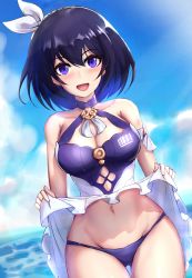 Rule 34 | 1girl, :d, bikini, blue sky, breasts, cleavage, clothes lift, cloud, cloudy sky, dress, hair between eyes, headband, highres, holding, holding clothes, holding skirt, honkai (series), honkai impact 3rd, looking at viewer, navel, open mouth, outdoors, purple bikini, purple eyes, purple hair, seele vollerei, short hair, skirt, skirt lift, sky, slash-ex, smile, solo, summer, summer uniform, sundress, swimsuit