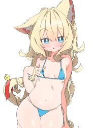 Rule 34 | 1girl, :&lt;, animal ear fluff, animal ears, bare arms, bare shoulders, bell, bikini, blonde hair, blue bikini, blue eyes, blush, breasts, cat ears, cat girl, cat tail, commentary request, groin, hair between eyes, hand up, jingle bell, long hair, looking at viewer, navel, original, parted lips, side-tie bikini bottom, simple background, small breasts, solo, swimsuit, tail, tail bell, tail ornament, uruti 2388, very long hair, white background