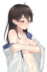 Rule 34 | 10s, 1girl, alternate hairstyle, bad id, bad pixiv id, blush, breast hold, breasts, brown hair, clothes down, collarbone, covering privates, covering breasts, embarrassed, hair between eyes, hair down, highres, japanese clothes, kaga (kancolle), kantai collection, long hair, looking to the side, navel, rolua, simple background, solo, stomach, undressing, upper body, yellow eyes