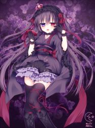 Rule 34 | 1girl, black gloves, black hair, black thighhighs, boots, cross, cross-laced footwear, crown, cup, frilled skirt, frills, gloves, gothic lolita, hairband, hand on own face, heterochromia, knee boots, lace-up boots, lolita fashion, lolita hairband, long hair, mini crown, open mouth, original, purple eyes, purple theme, red eyes, ribbon, sakazuki, skirt, solo, thighhighs, tsukikage nemu, two side up, very long hair, wa lolita, zettai ryouiki