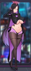 Rule 34 | 1girl, absurdres, armor, black hair, black pantyhose, bodysuit, breasts, clothing cutout, elf, halo, high heels, highres, large breasts, long hair, long sleeves, looking at viewer, navel, navel cutout, original, pantyhose, pointy ears, purple eyes, shoulder armor, solo, standing, stomach, thick thighs, thigh strap, thighs, ultra-13, underboob