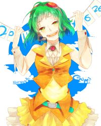 Rule 34 | 1girl, absurdres, female focus, goggles, goggles on head, green eyes, green hair, gumi, happy birthday, headphones, headset, highres, kyama, matching hair/eyes, open mouth, smile, solo, vocaloid, wrist cuffs