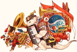 Rule 34 | animal, animal focus, anteater, bell, black hat, brown eyes, brown hat, clothed animal, dog, drum, drum set, flag, from side, full body, goggles, goggles on head, hat, highres, holding, holding instrument, instrument, keyboard (instrument), marching band, megaphone, no humans, open mouth, original, plaid, plaid vest, profile, red vest, shoulder belt, simple background, skirt, striped clothes, striped skirt, tail, tassel, tonbippo08, trumpet, vest, welsh corgi, white background, white skirt