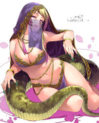 Rule 34 | 1girl, african rock python (kemono friends), blonde hair, bracelet, breasts, chain, cleavage, commentary request, dancer, dated, fingernails, gold chain, green nails, happa (cloverppd), jewelry, kemono friends, large breasts, long fingernails, looking at viewer, nail polish, navel, necklace, pelvic curtain, purple eyes, purple hair, snake tail, solo, tail, veil