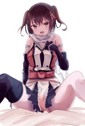 Rule 34 | 1girl, absurdres, black gloves, black hair, black neckerchief, black socks, brown eyes, buttons, calin, commentary request, double-breasted, elbow gloves, fang, fingerless gloves, gloves, hair ornament, highres, jewelry, kantai collection, kneehighs, looking at viewer, neckerchief, ring, scarf, school uniform, sendai (kancolle), sendai kai ni (kancolle), serafuku, short hair, simple background, single kneehigh, single sock, single thighhigh, sitting, skin fang, socks, solo, spread legs, thighhighs, two side up, unfinished, upper body, wedding band, white background, white scarf